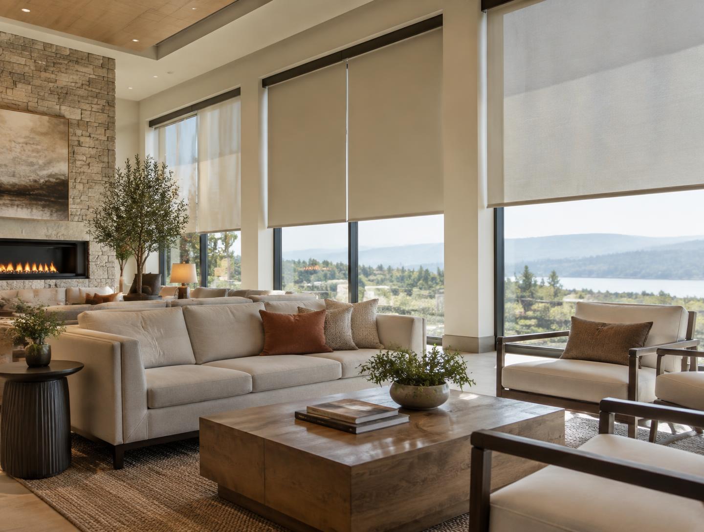 Warm hospitality interior with modern roller shades