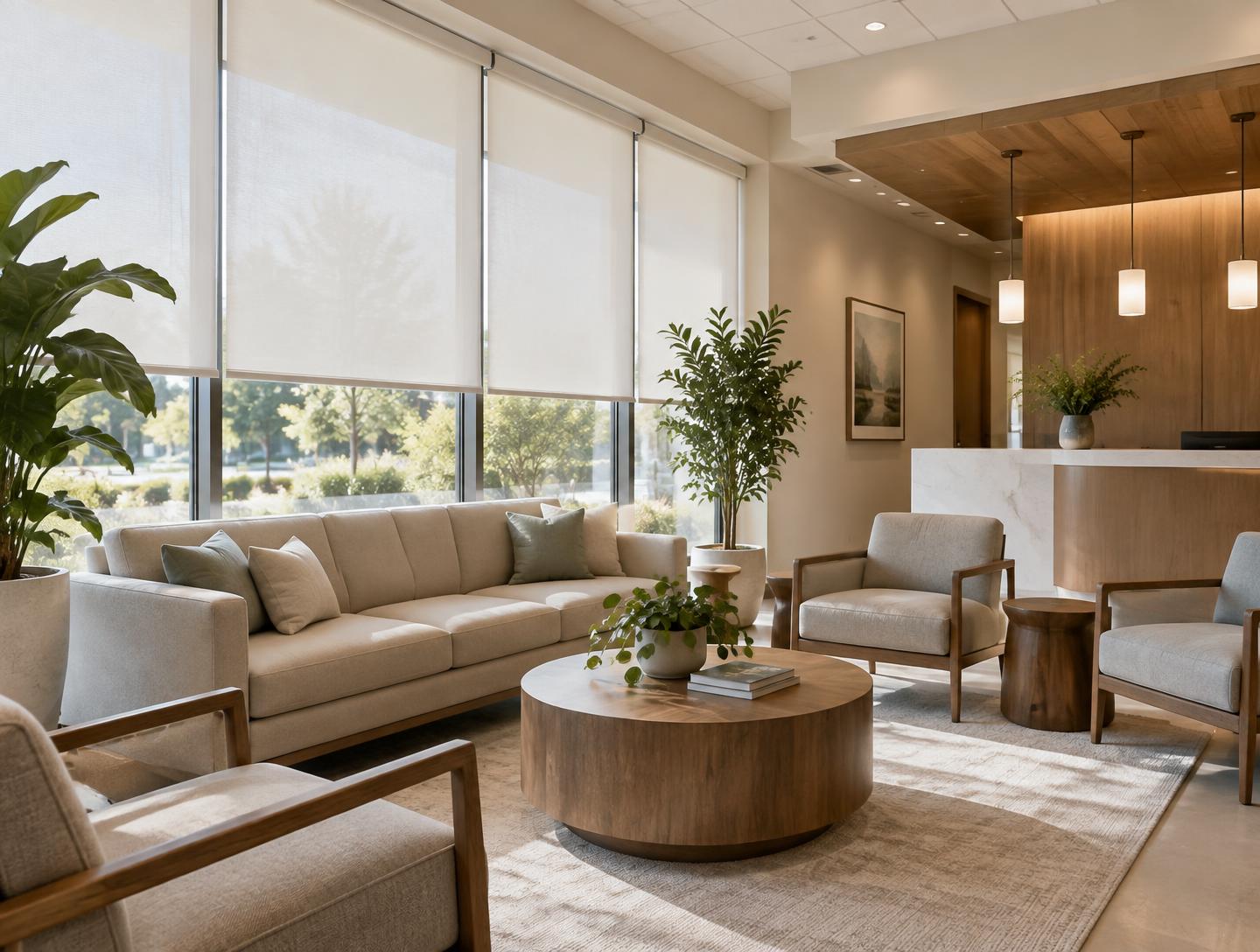 Welcoming modern clinic waiting area with solar roller shades