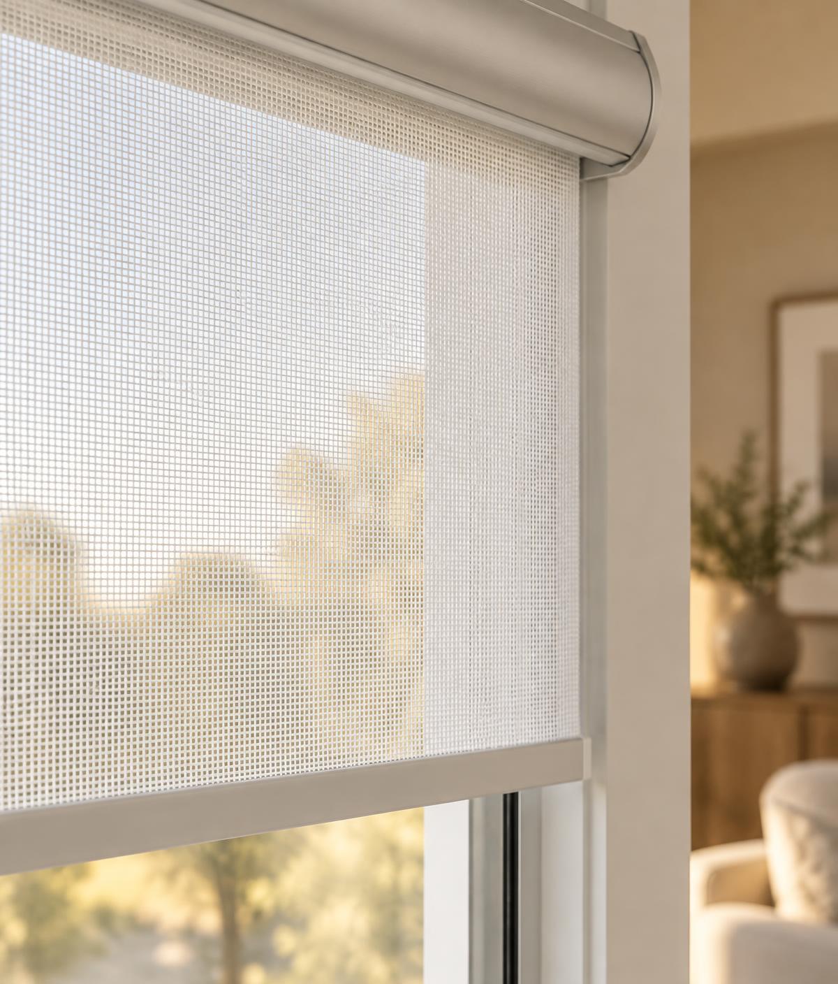 Close-up of a white solar screen roller shade with its technical open weave backlit by daylight