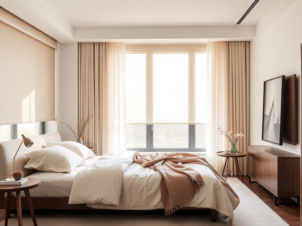 Soft blackout shades in a calm primary bedroom