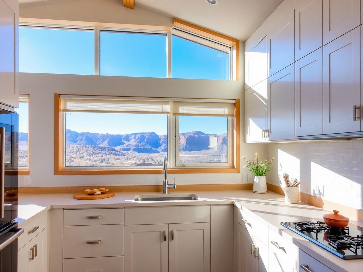 Light-filtering shades above a kitchen sink