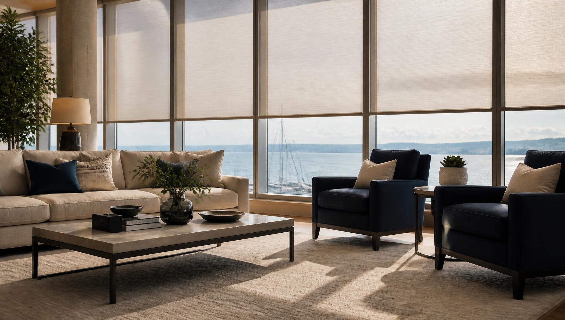 Modern residence with solar roller shades across large windows