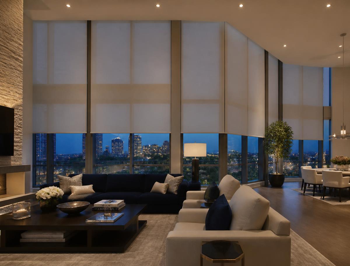 Motorized shades across a wall of windows
