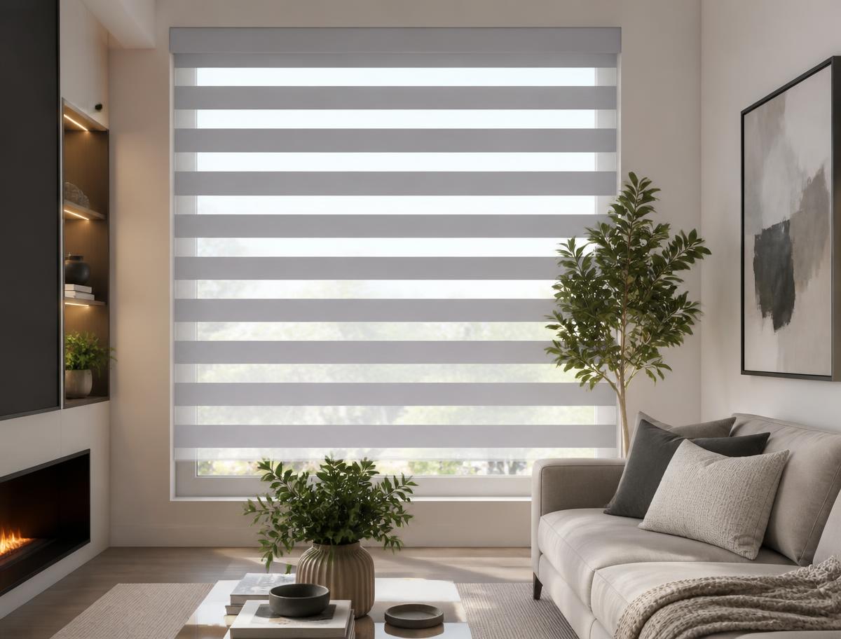 Banded zebra shades in a modern family room